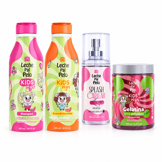 Foto del Kit Kids Rizos Love con cuatro productos sobre fondo blanco