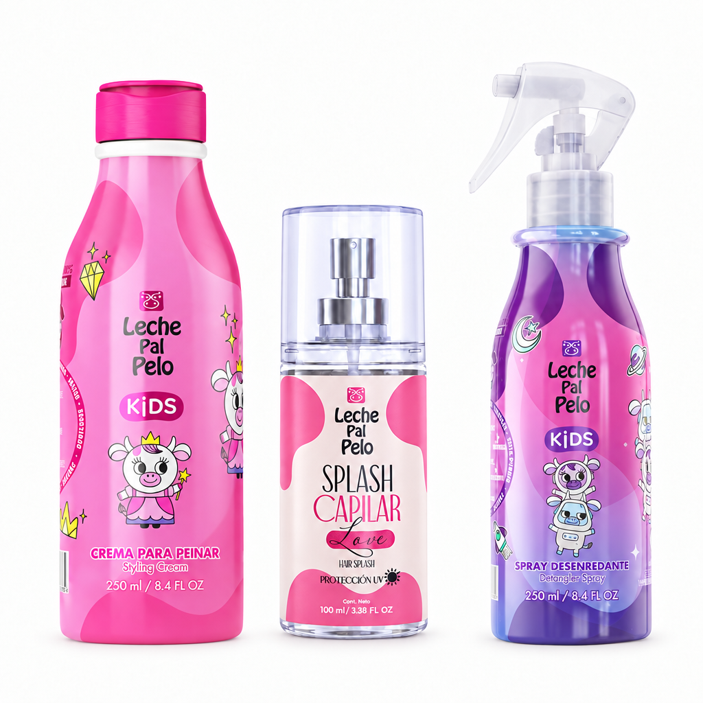 Crema para Peinar 250 ml, Splash Capilar Love 100 ml y Spray Desenredante 250 ml sobre fondo blanco